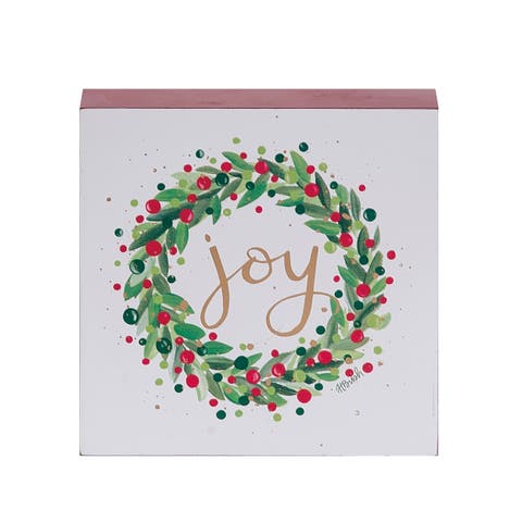 Joy Wreath Block Freestanding Tabletop Sign Multicolor Wood