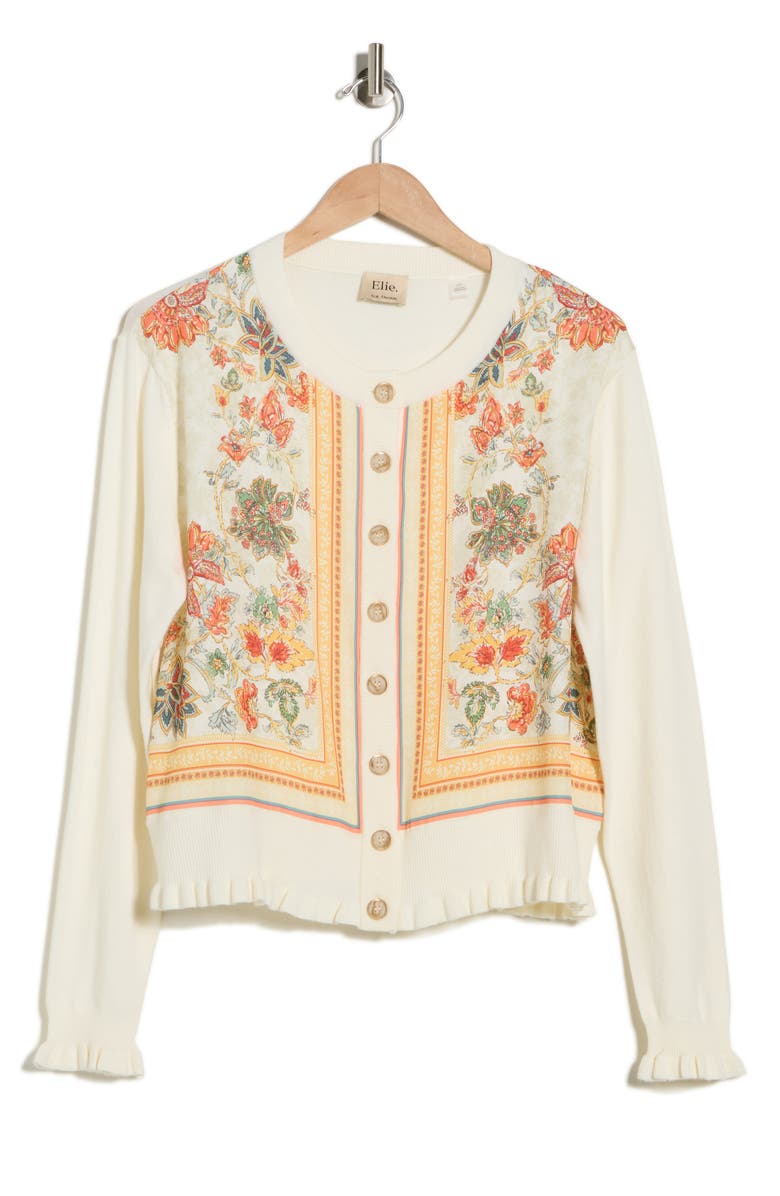 ELIE ELIE TAHARI Mix Print Sweater Cardigan, Main, color, Ivory/ Gold W/ Chintz Flrl Prt