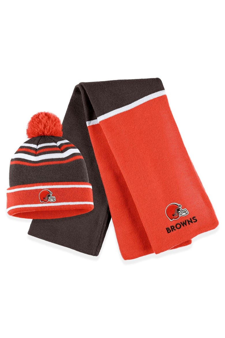 Women's WEAR by Erin Andrews Orange Cleveland Browns Colorblock Cuffed Knit Hat with Pom and Scarf Set, Main, color, Orange