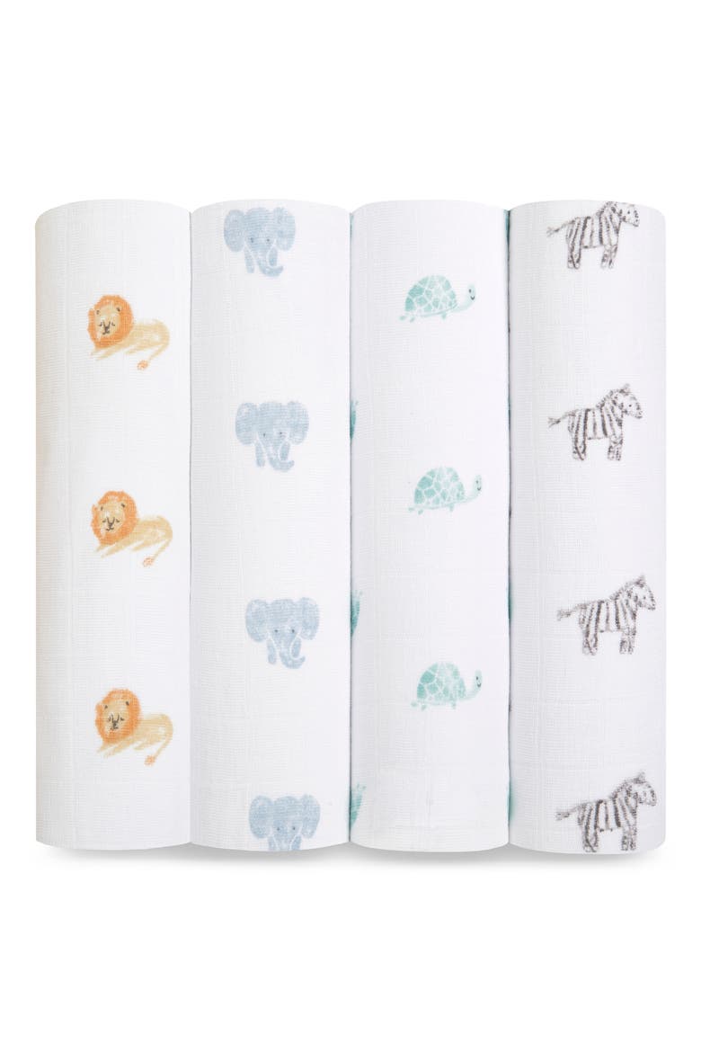 Assorted 4-Pack Organic Cotton Muslin Swaddling Cloths, Main, color, ANIMAL KINGDOM