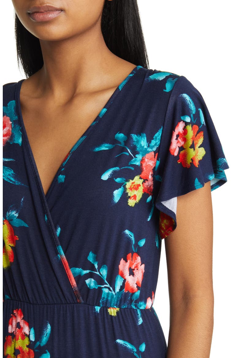 Floral Tiered Faux Wrap Knit Maxi Dress, Alternate, color, NAVY/ CORAL