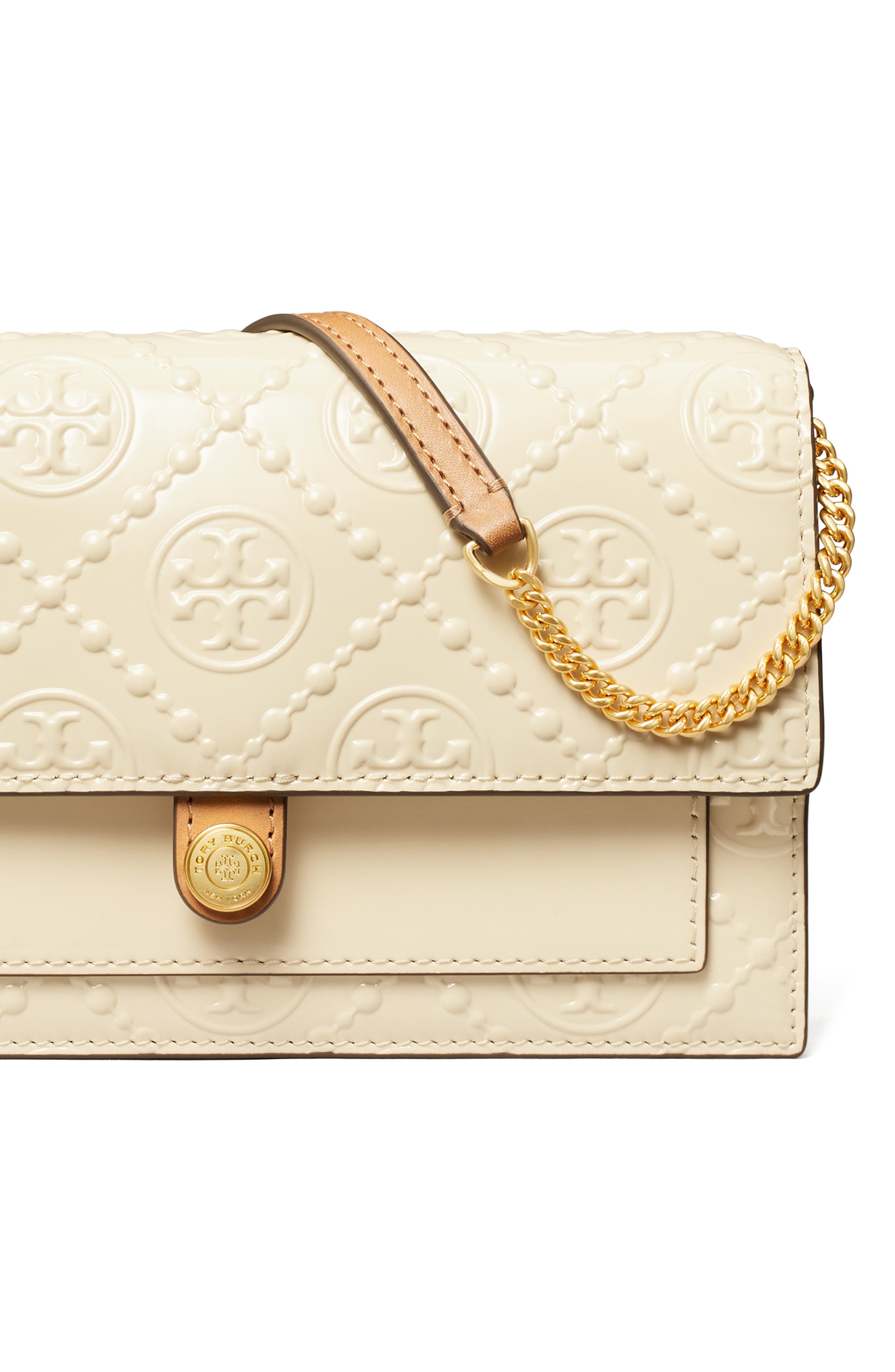 T Monogram Embossed Leather Wallet on a Chain, Alternate, color, LIGHT CREAM