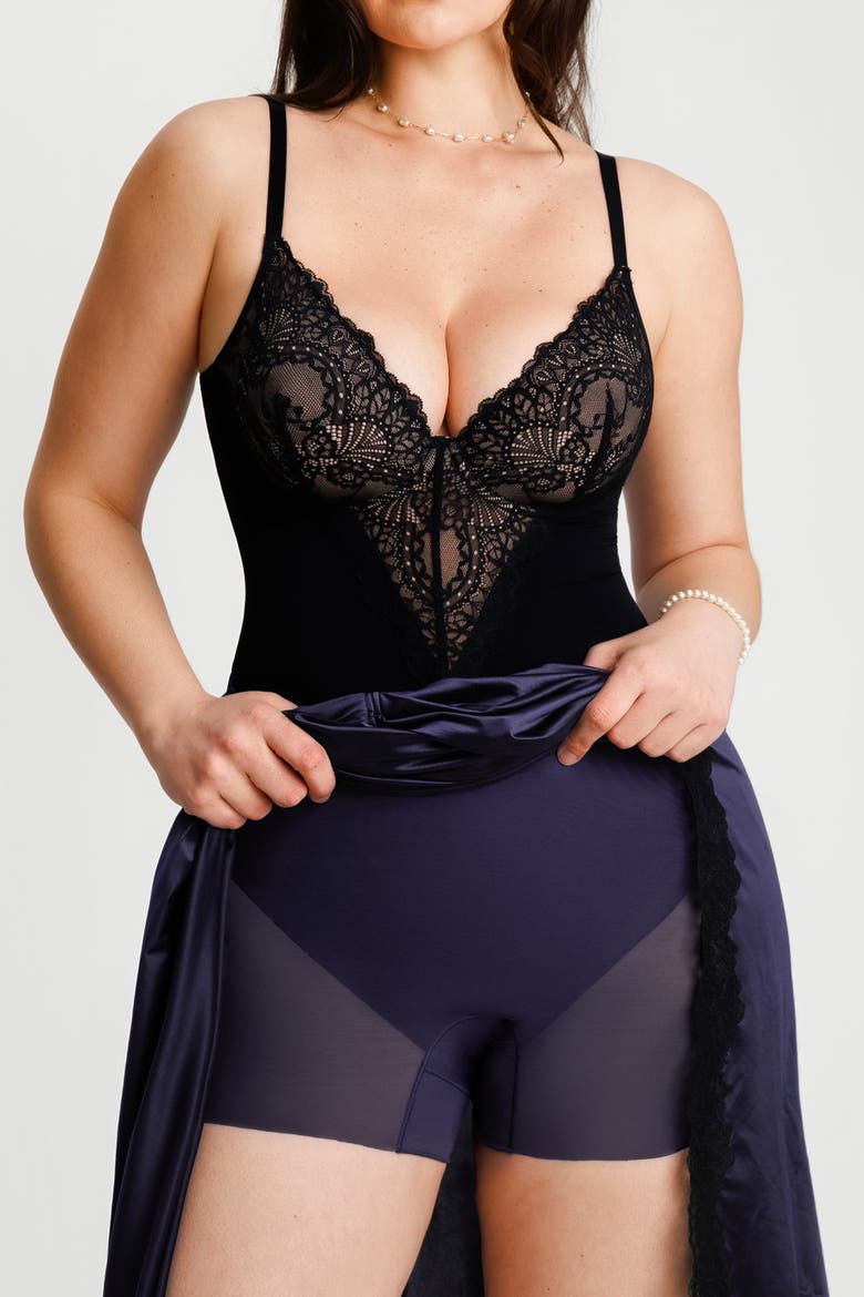 Built In Shapewear Satin Ruched Mermaid Skirt with Lace Trim, Alternate, color, Cambridge Blue