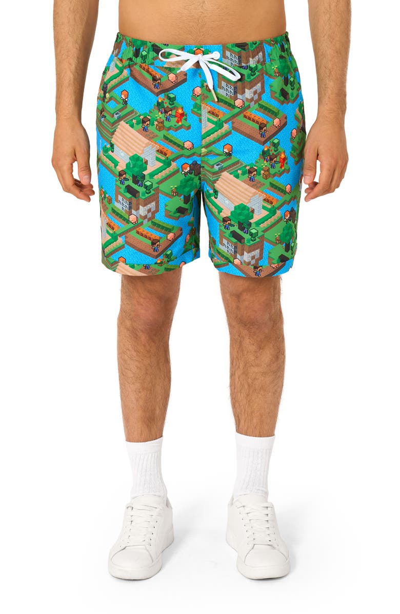 OppoSuits Minecraft<sup>™</sup> Overworld Camp Shirt & Drawstring Shorts Set, Alternate, color, Teal Multi