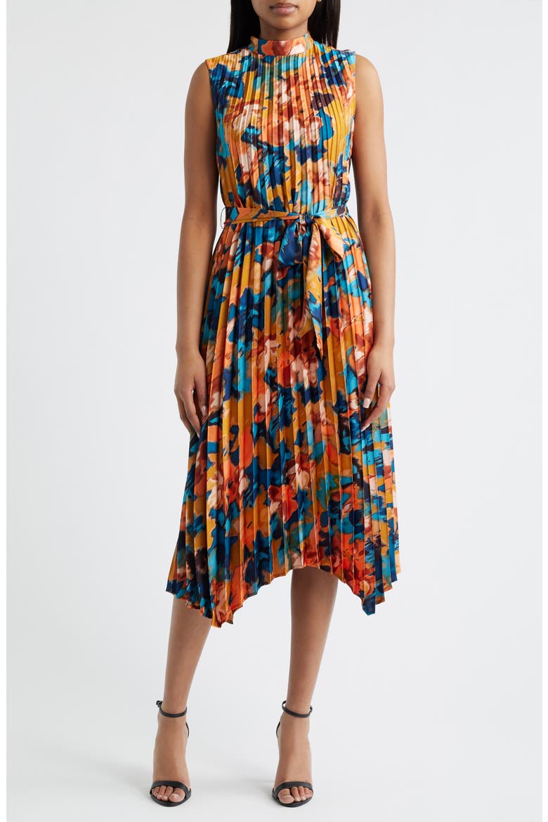 Abstract Print Pleated Belted Dress, Main, color, RUST/ TEAL