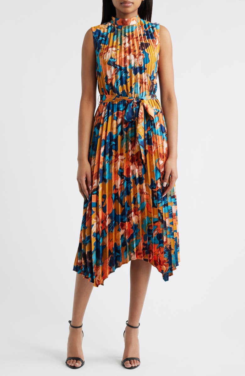 Tahari ASL Abstract Print Pleated Belted Dress, Main, color, Rust/ Teal