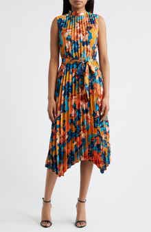 Tahari ASL Abstract Print Pleated Belted Dress