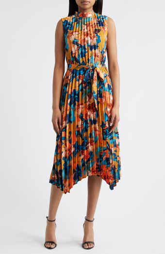 Tahari ASL Abstract Print Pleated Belted Dress