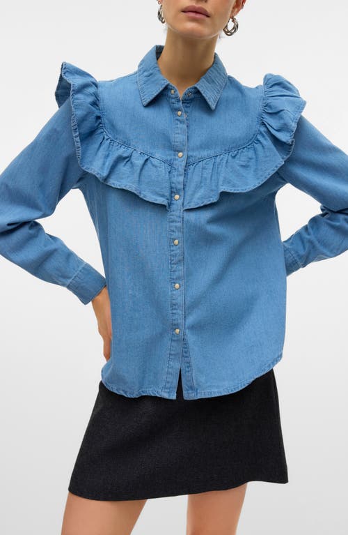 Vero Moda Uli Ruffle Yoke Denim Button-up Shirt In Blue