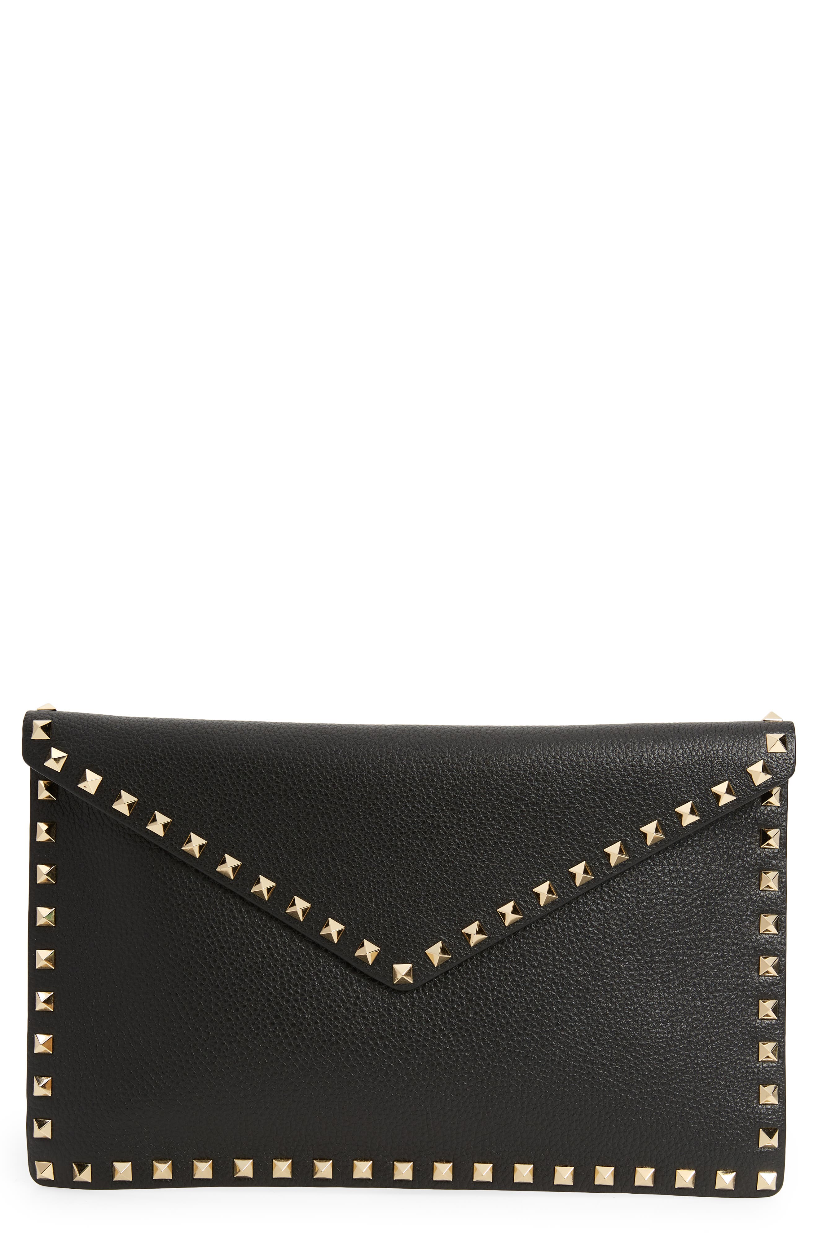 Valentino Garavani Large Rockstud Leather Envelope Pouch, Main, color, Nero