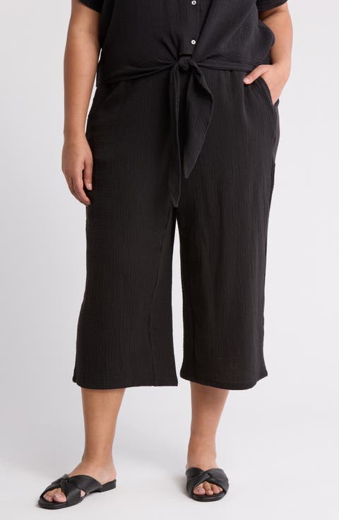 Gauze Side Crop Pants (Plus)