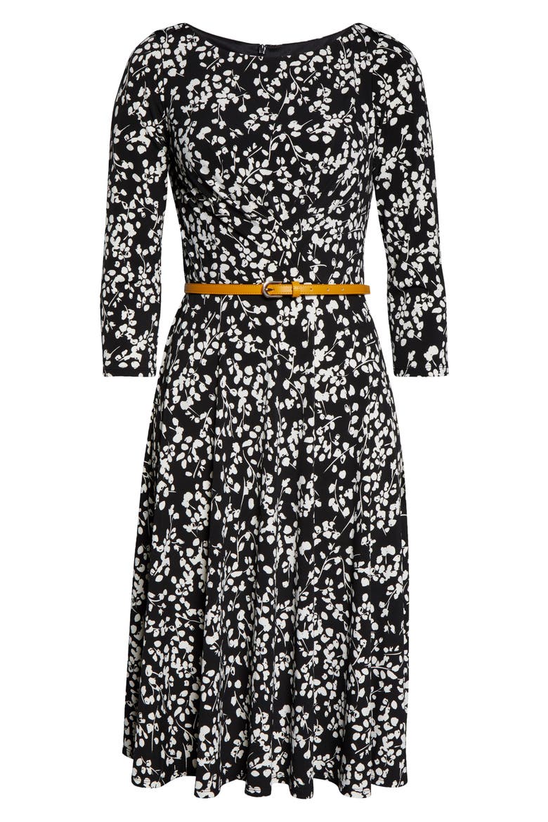 Belted Fit & Flare Dress, Alternate, color, BLACK/ IVORY