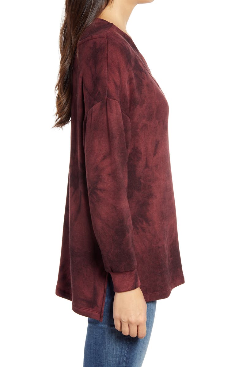 Loveappella Wide Neck Tie Dye Tunic Pullover, Alternate, color, Burgundy/ Merlot