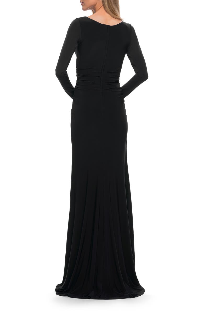 La Femme Long Sleeve Jersey Evening Dress with Ruching, Alternate, color, Black