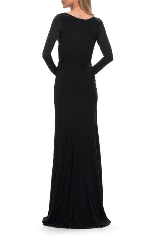LA FEMME LA FEMME LONG SLEEVE JERSEY EVENING DRESS WITH RUCHING