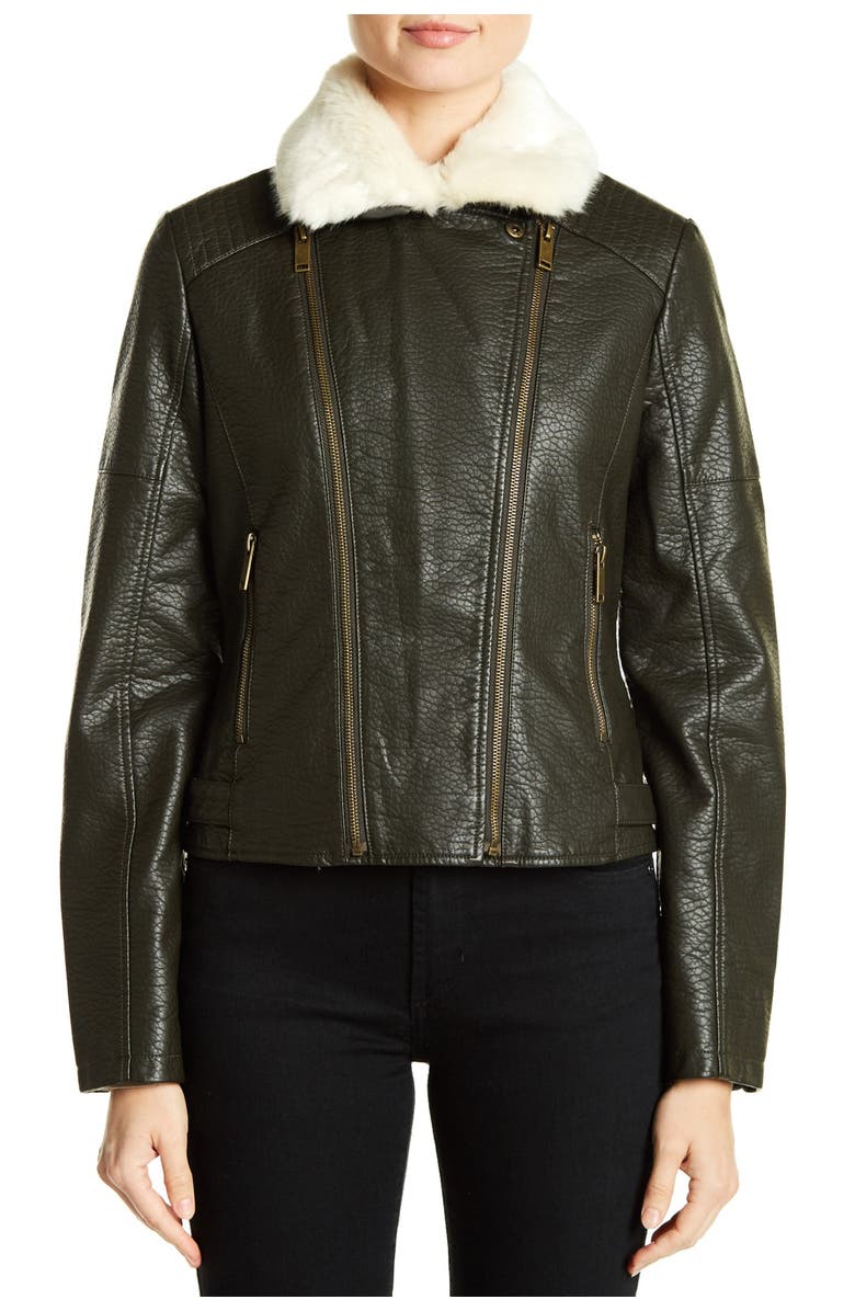 French Connection Faux Fur Collar Faux Leather Moto Jacket, Alternate, color, 