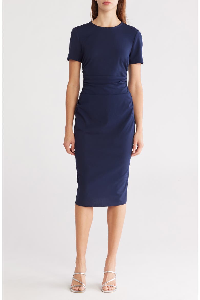 Ruched Short Sleeve Midi Dress, Main, color, NAVY BLAZER