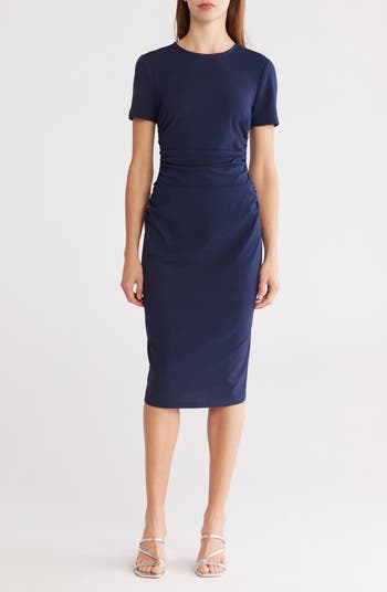 knee length dresses for ladies Oaklynn Midi Sheath Illusion Dress Short Sleeve main image 0