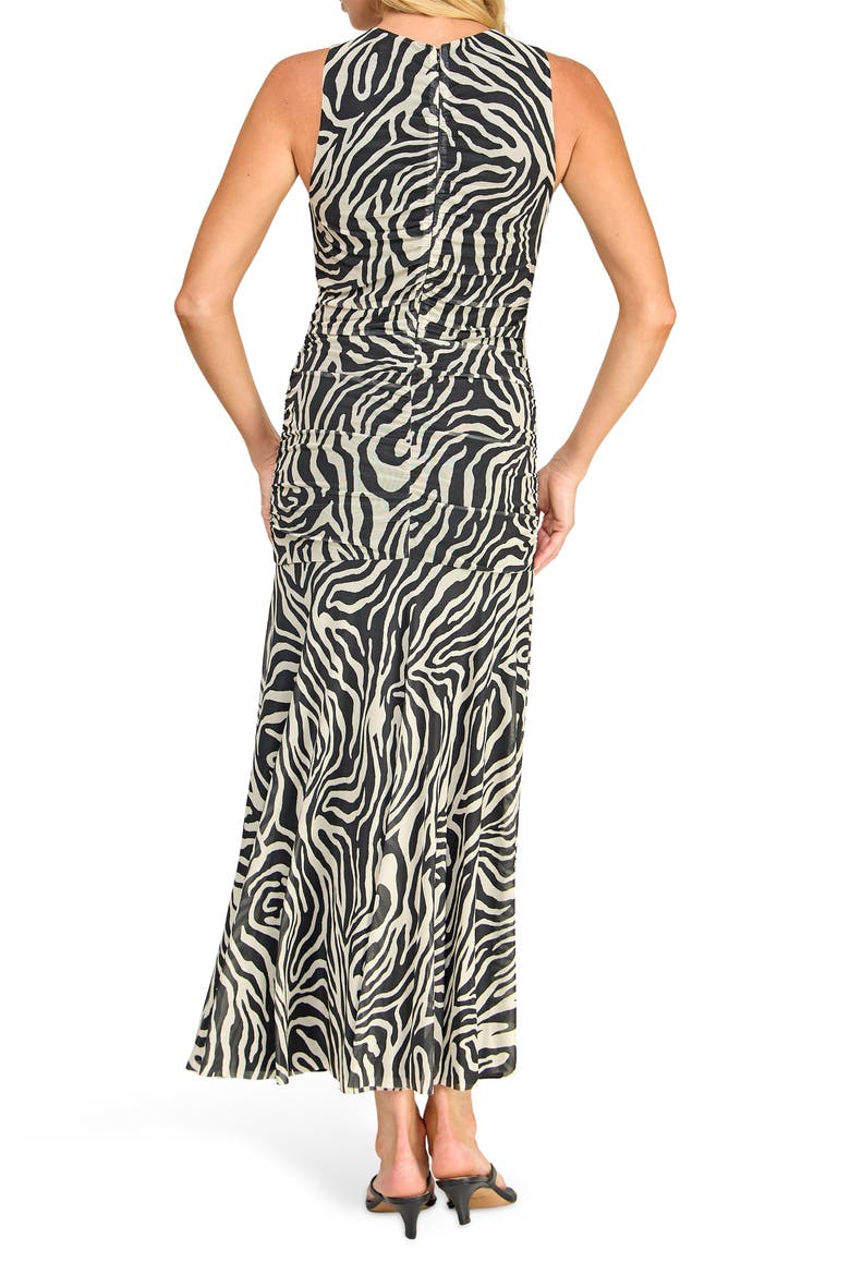 Ruched Mesh Midi Dress, Alternate, color, IVORY BLACK ZEBRA