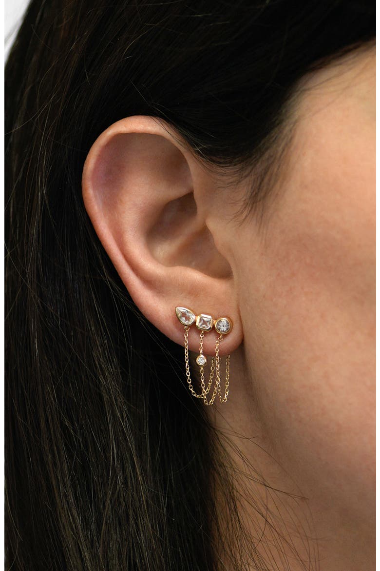 Cléo Diamond & White Topaz Triple Chain Drop Front/Back Earrings, Alternate, color, YELLOW GOLD