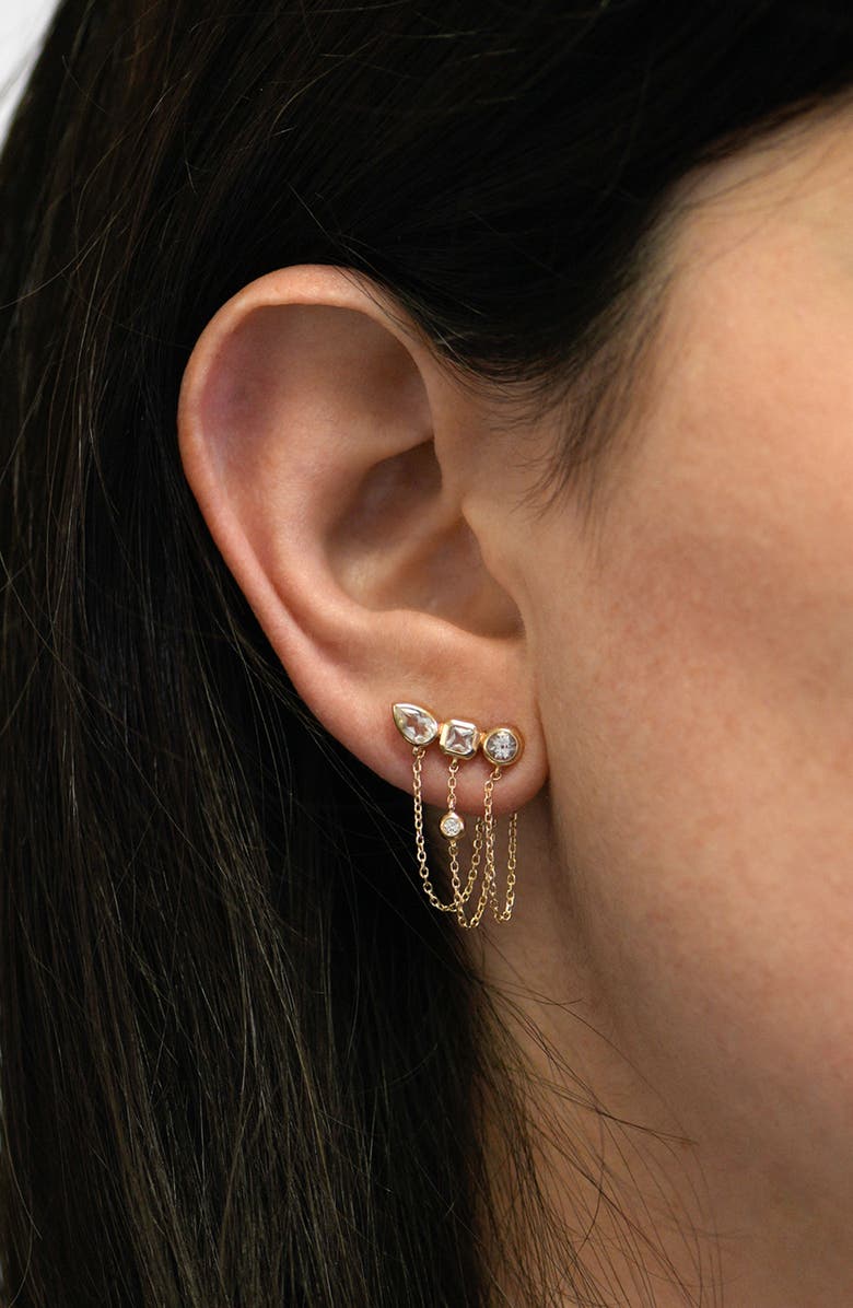 Anzie Cléo Diamond & White Topaz Triple Chain Drop Front/Back Earrings, Alternate, color, Yellow Gold