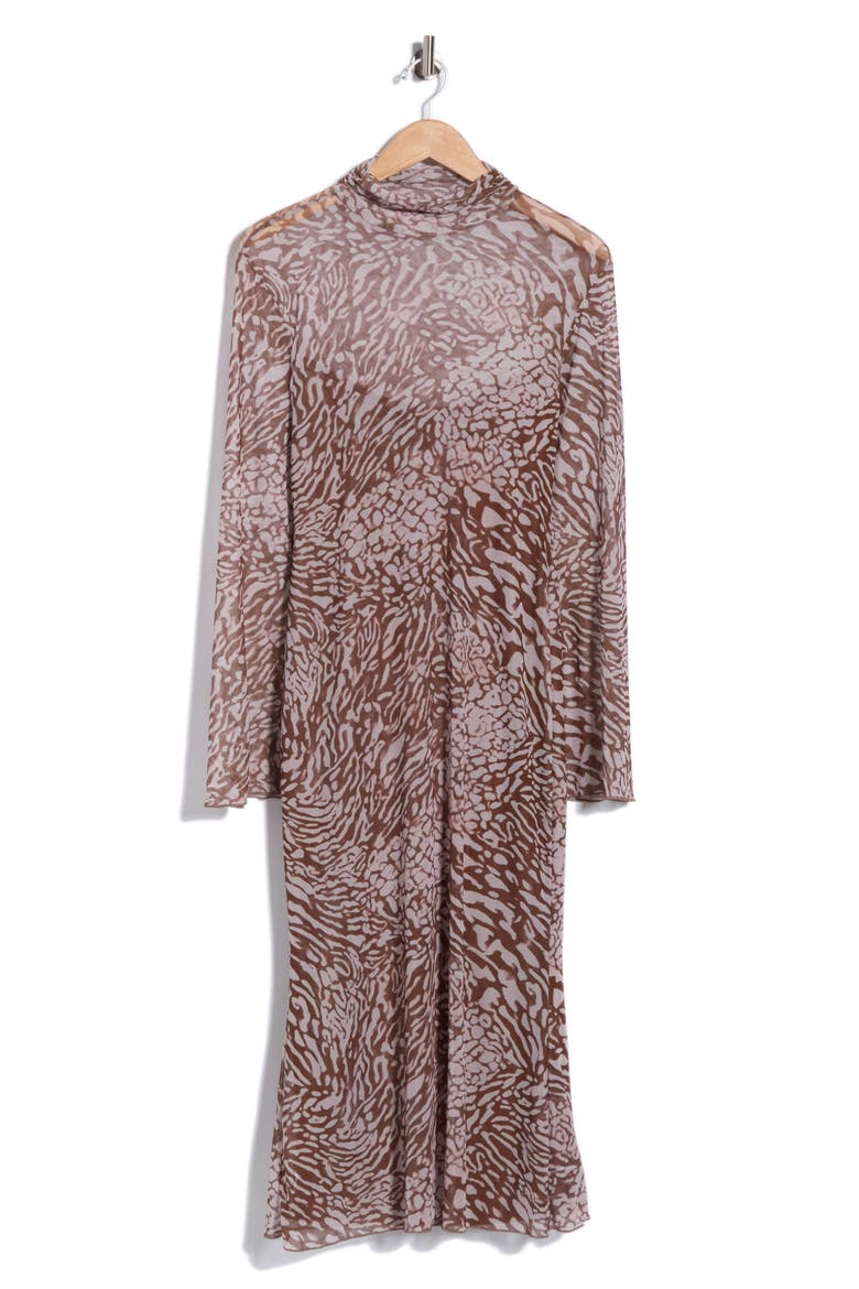 Printed Mesh Long Sleeve Dress, Main, color, BROWN MULTI