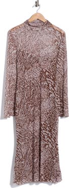 bebe Printed Mesh Long Sleeve Dress