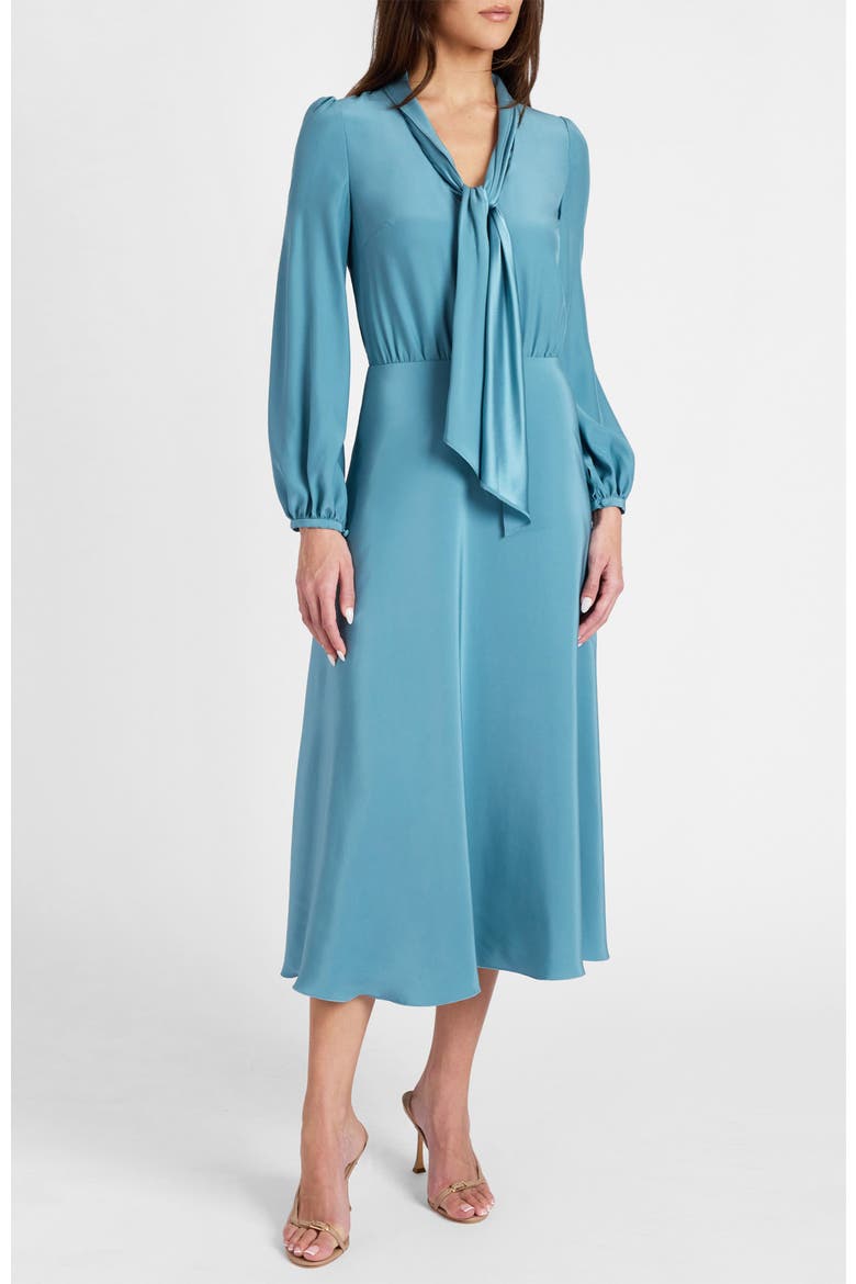 Jenn Long Sleeve Silk Midi Tie-Neck Dress, Alternate, color, Steel Teal