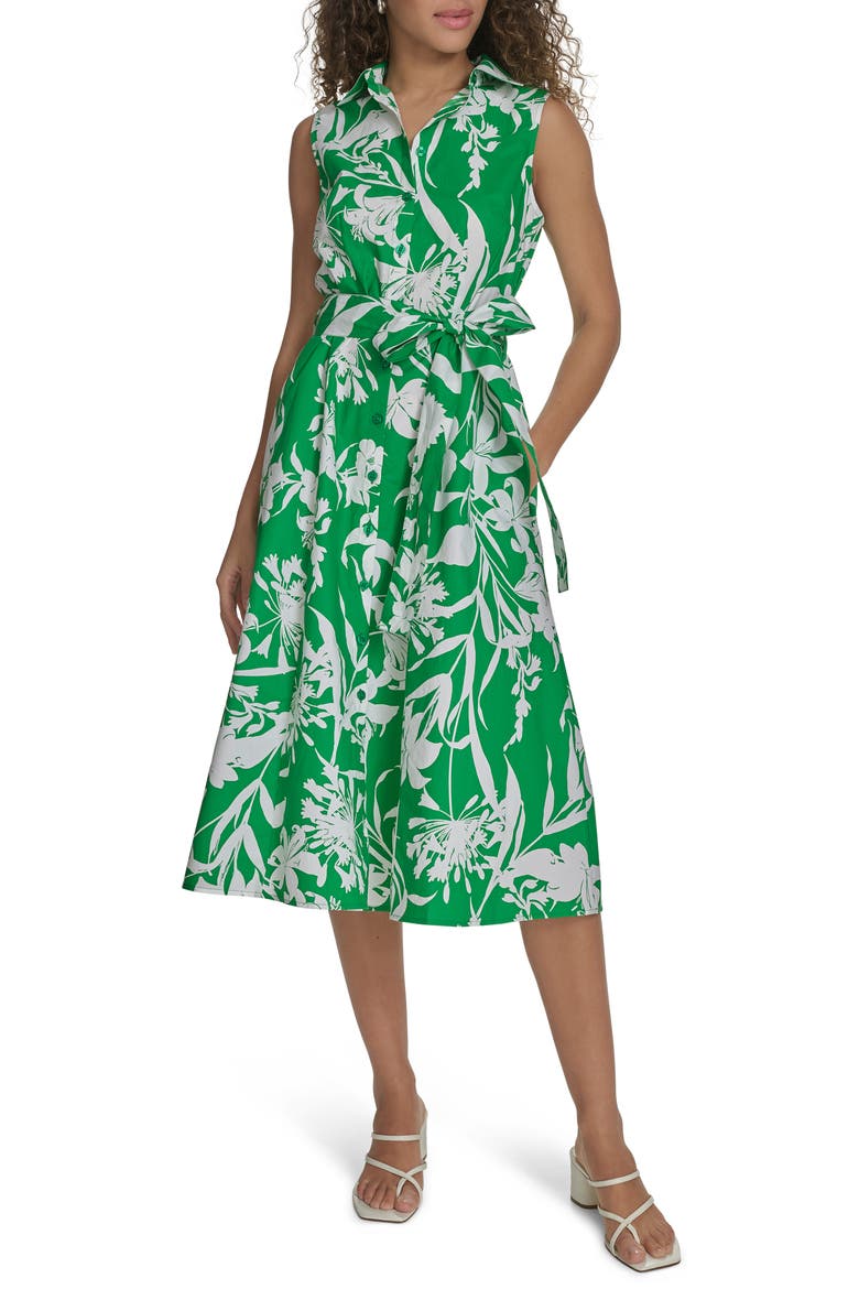 Floral Sleeveless Cotton Shirtdress, Main, color, FERN/ WHITE