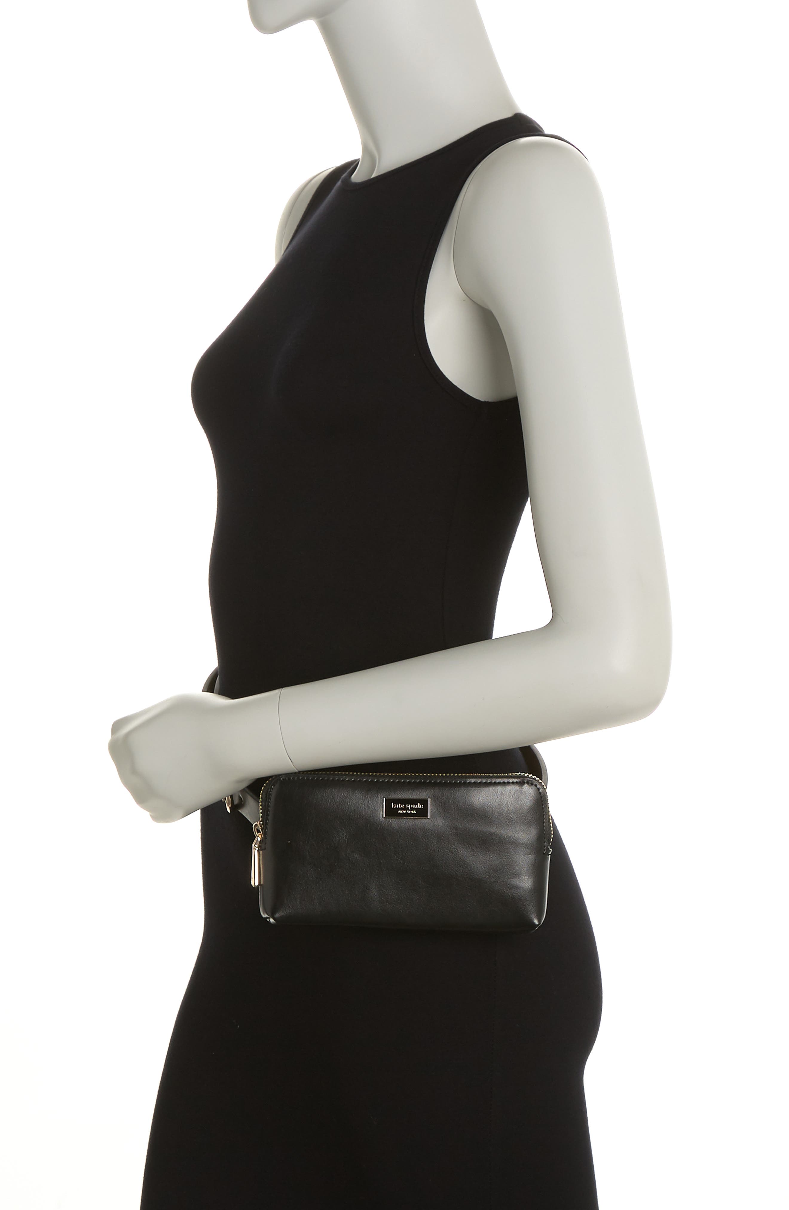 zip top leather belt bag, Alternate, color, BLACK