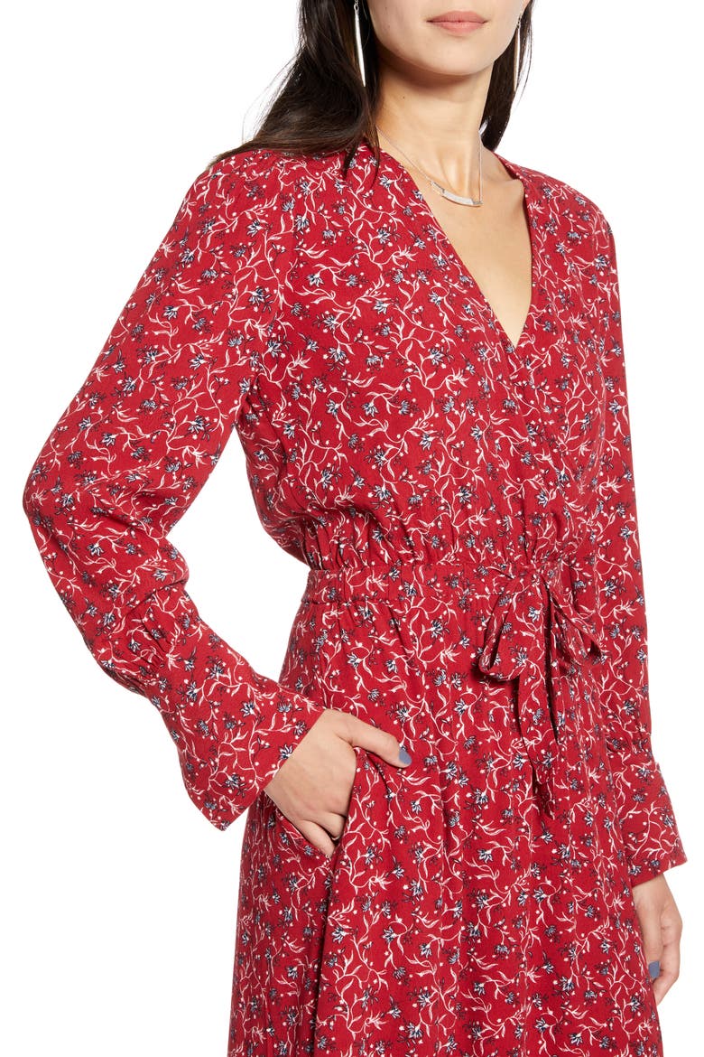 Blouson Midi Dress, Alternate, color, RED DAHLIA MINI VINE LILY