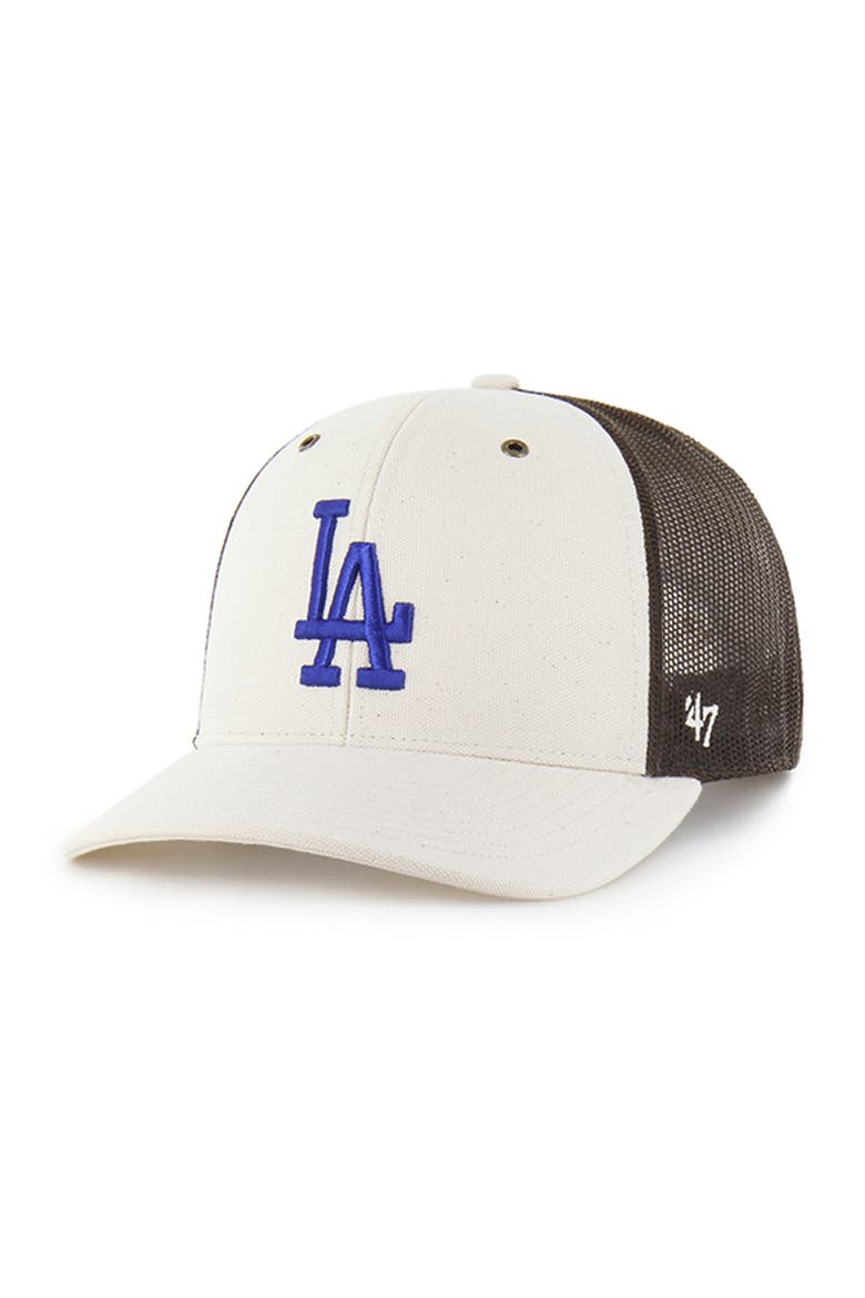 Men's Carhartt x '47 Natural/Brown Los Angeles Dodgers Undyed Trucker Adjustable Hat, Main, color, Natural