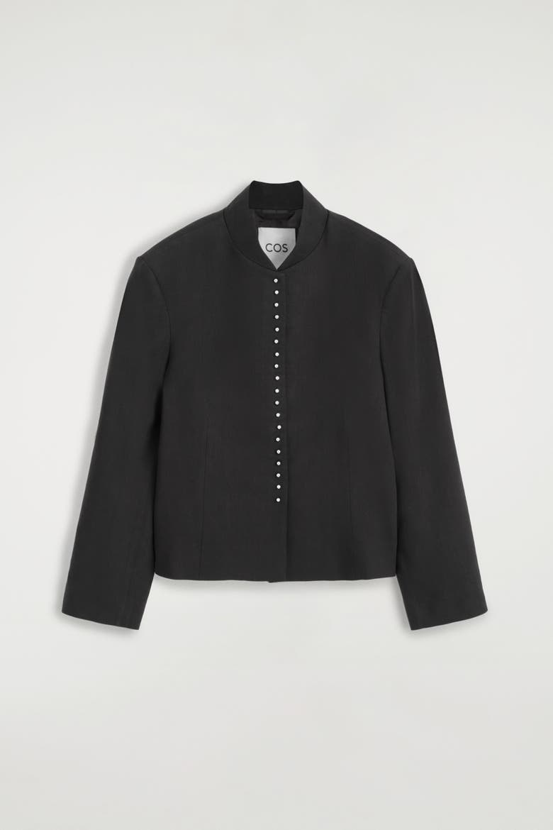 Stud-detail Cropped Linen Blazer, Alternate, color, BLACK