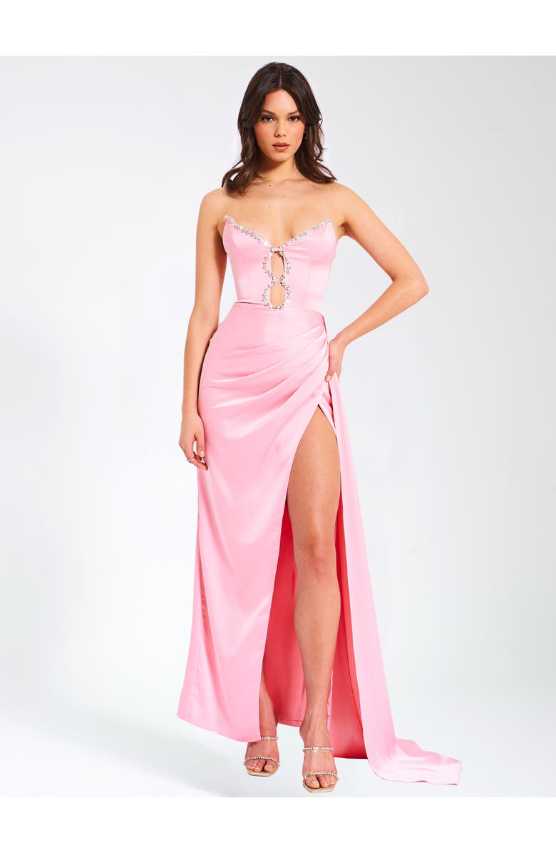 Miss Circle Marilyn Satin Crystal Embellished High Slit Gown, Main, color, Pink