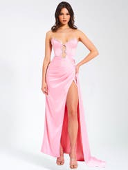 Miss Circle Marilyn Satin Crystal Embellished High Slit Gown