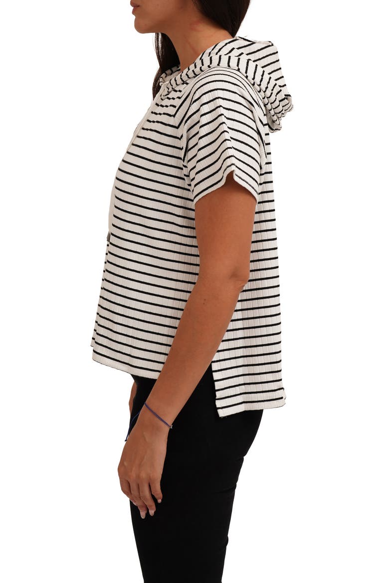 Stripe Rib Short Sleeve Hoodie, Alternate, color, BONE/ BLACK