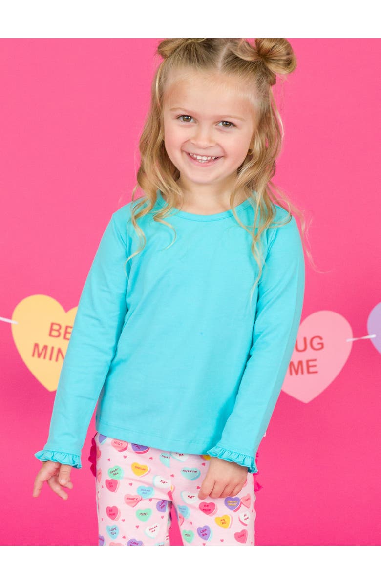 RuffleButts Knit Long Sleeve Ruffle Layering Tee, Alternate, color, Bright Aqua