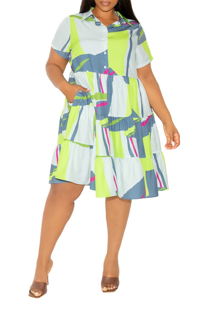 Print Tiered Shirtdress, Alternate, color, GREY MULTI
