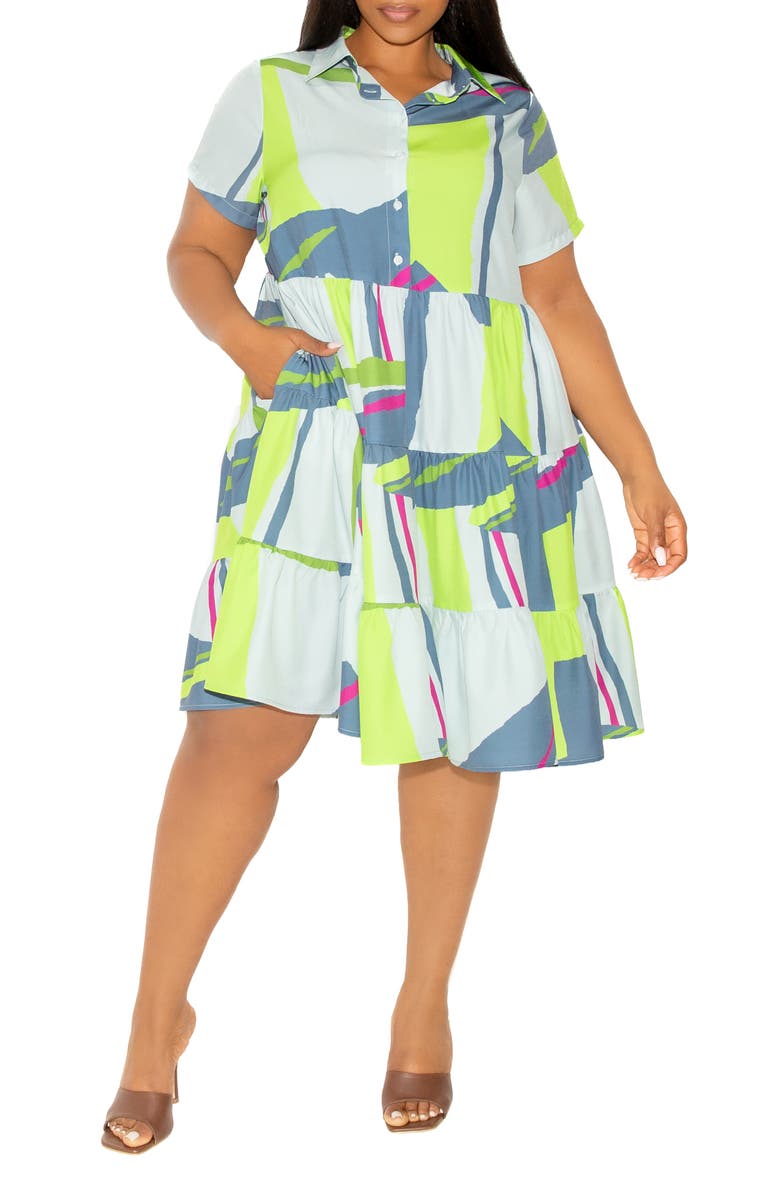 BUXOM COUTURE Print Tiered Shirtdress, Alternate, color, Grey Multi