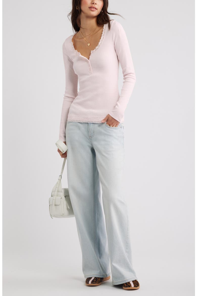 Lace Trim Cotton Blend Rib Henley, Alternate, color, PINK PRIMROSE