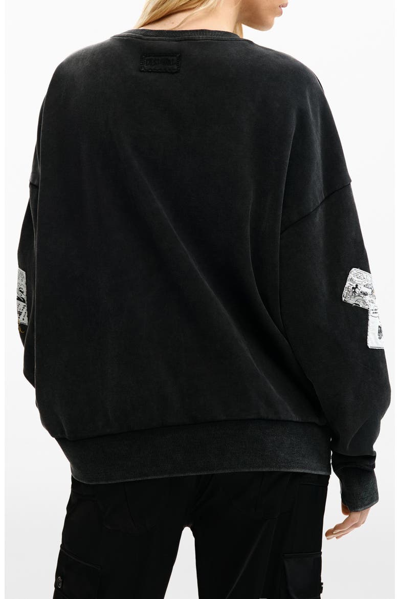 Mickey & Minnie Mouse Patch Distressed French Terry Sweatshirt, Alternate, color, BLACK