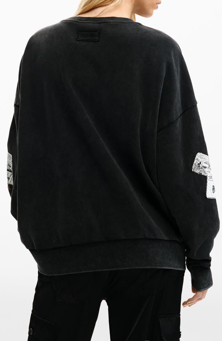 Desigual Mickey & Minnie Mouse Patch Distressed French Terry Sweatshirt, Alternate, color, Black