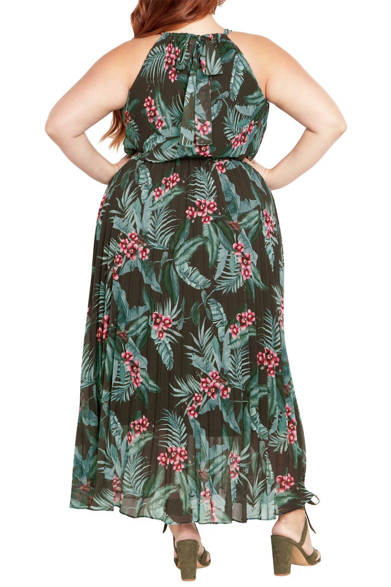 Rebecca Orchid Print Halter Neck Pleated Chiffon Maxi Dress, Alternate, color, JUNGLE MAYA ORCHID