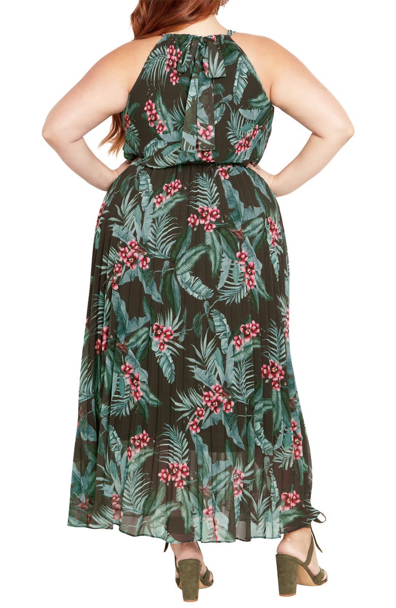 City Chic Rebecca Orchid Print Halter Neck Pleated Chiffon Maxi Dress, Alternate, color, Jungle Maya Orchid