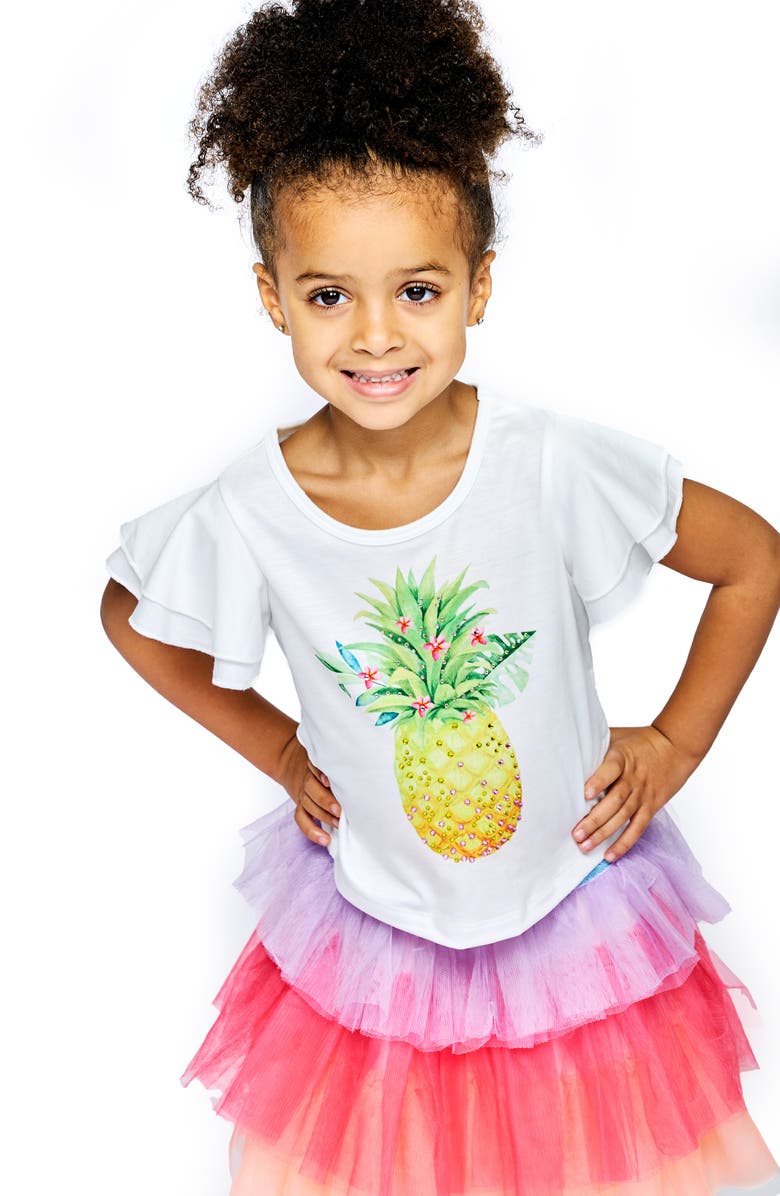 Truly Me Kids' Pineapple Embellished Flutter Sleeve T-Shirt, Alternate, color, White