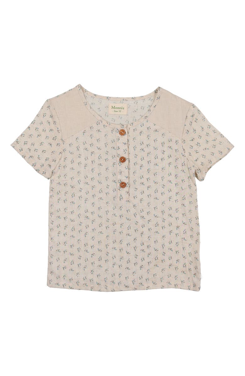 Manière Kids' Blossom Print Textured Cotton Blend Henley, Main, color, Blue