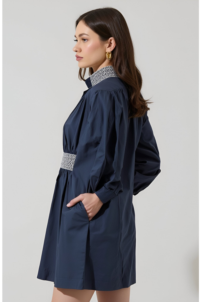 Long Sleeve Mini Dress with Embroidered Waist, Cuffs and Collar, Alternate, color, Blue