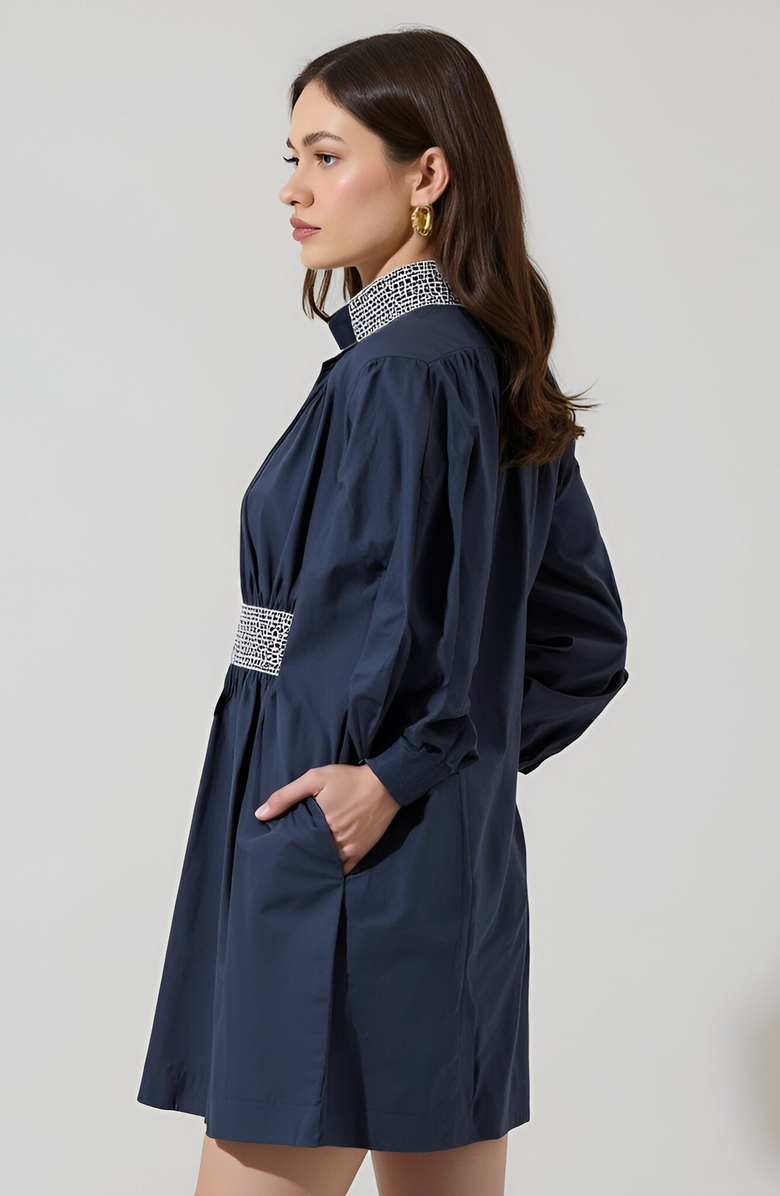 Modenaire Long Sleeve Mini Dress with Embroidered Waist, Cuffs and Collar, Alternate, color, Blue