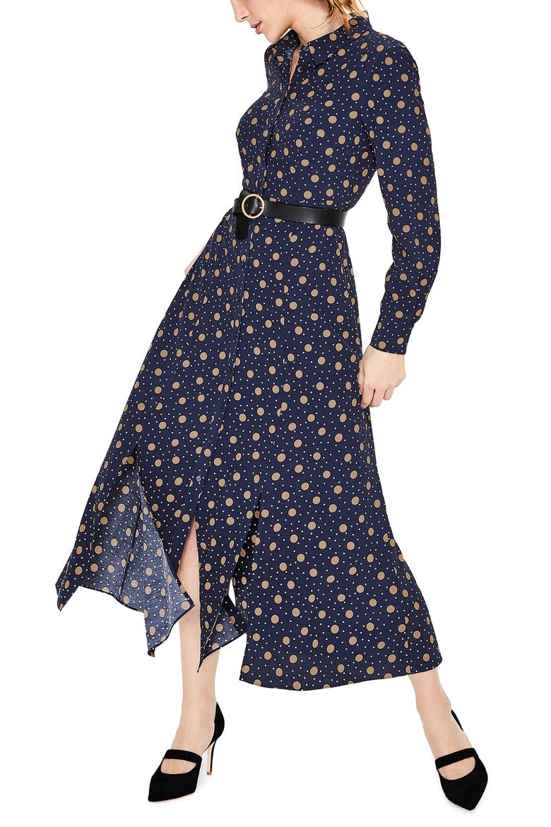 Polka Dot Midi Shirtdress, Main, color, NAVY/ SOFT TRUFFLE