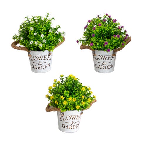 8-in Artificial Flowering Mini Daisy Plant in Rustic Flowers & Garden Planter - Set of 3